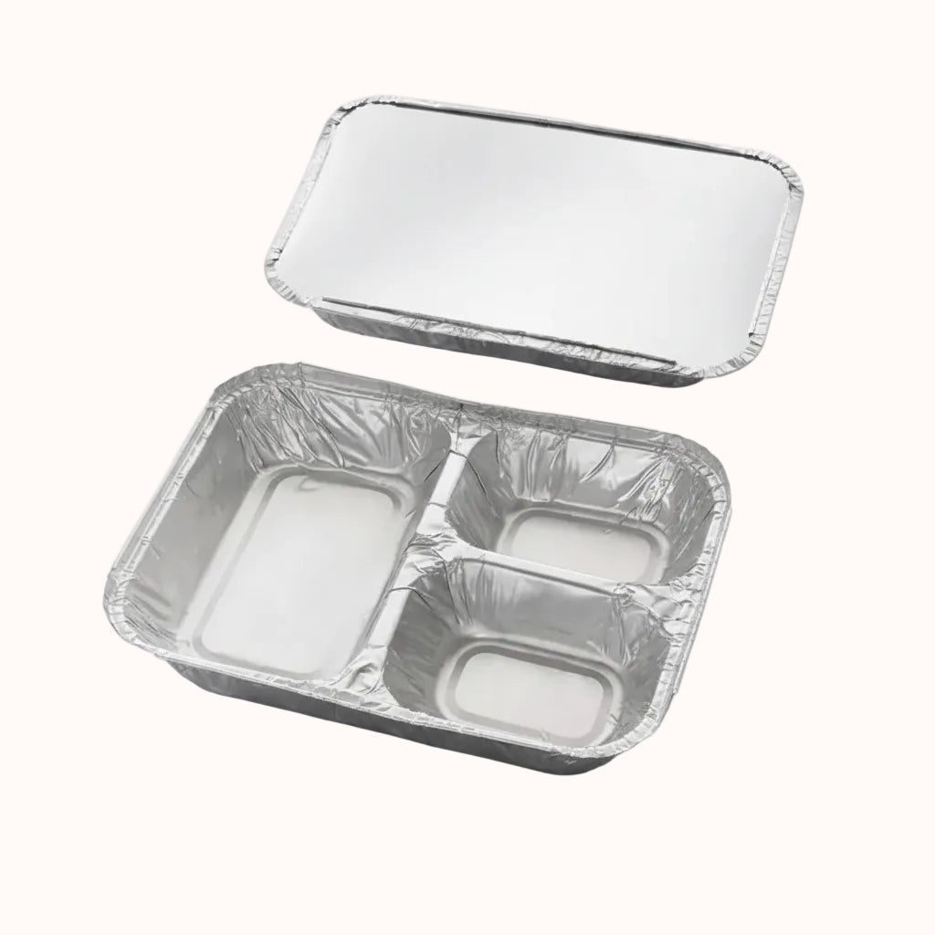 CHAROLA DE ALUMINIO c/3 DIVISIONES c/TAPA BIO c/50 pz